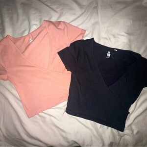 PacSun Women's Black and Pink Wrap Short Sleeve Crop Tops